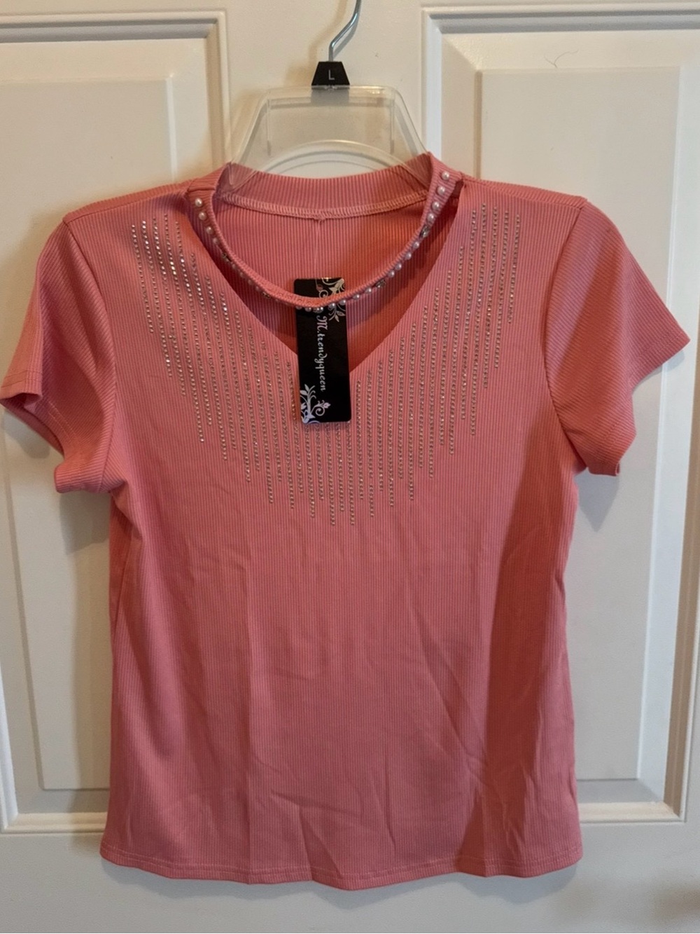 Embellished Rose Pink Ribbed Short Sleeve Top